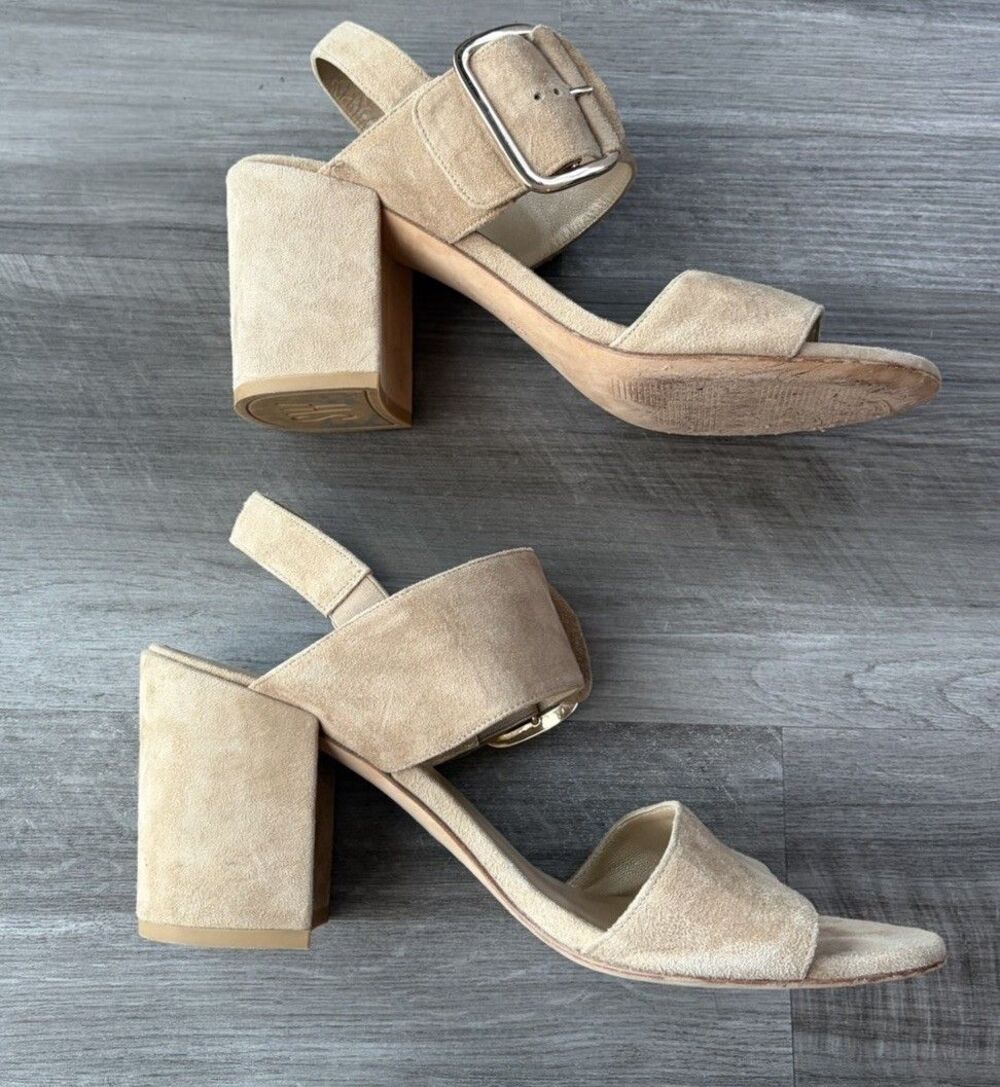 Stuart Weitzman City Sandals Size 11 Tan Suede Big Buckle Slingback Block Heel - Picture 6 of 9